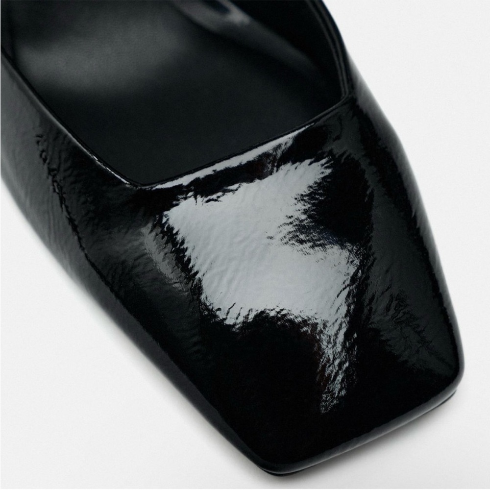 Zara Glossy Black Patent Strappy Heels — Square Toe, Ankle Tie, Size 6 - Picture 4 of 6